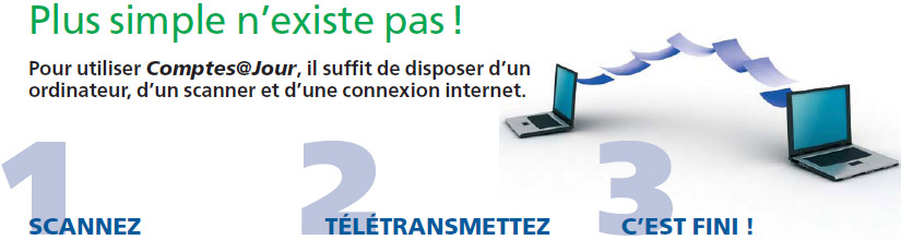 Plus simple n'existe pas ! Pour utiliser Comptes@Jour, il suffit de disposer d'un ordinateur, d'un scanner et d'une connexion internet.